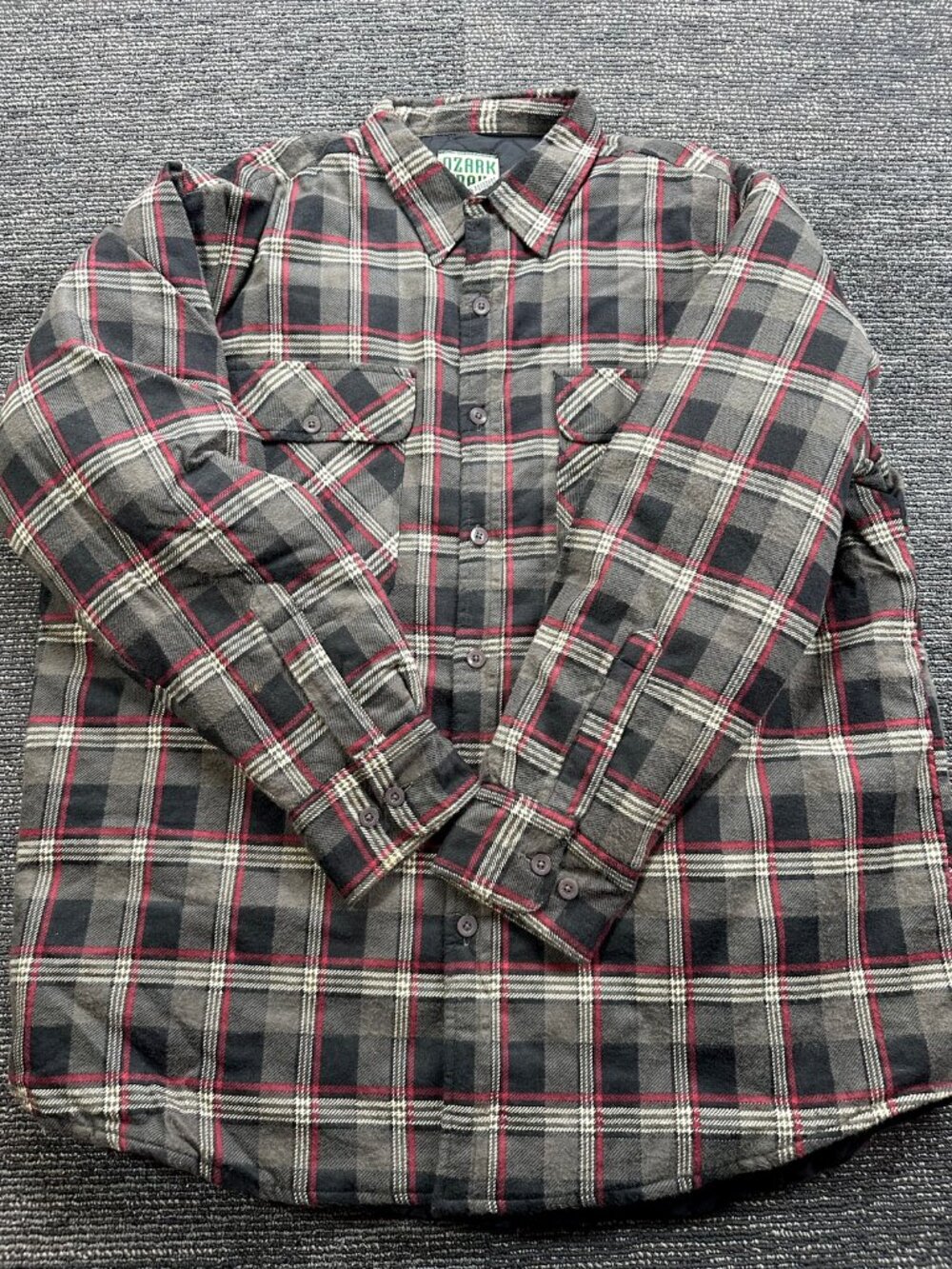 Ozark Trail Mens 2XL Quilted Lined Flannel Shirt Jacket Plaid Gray Red XXL